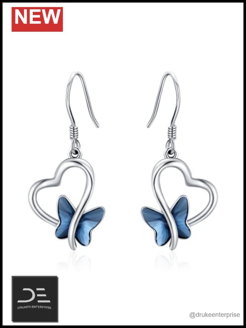 Sterling Silver Butterfly Dangle Earrings with Crystal Opal Heart Charm